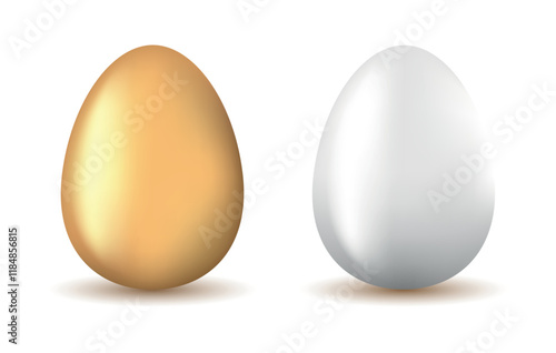 Vector chicken golden and white realistic eggs. Easter eggs for cooking. Easter seasonal spring holiday template for decoration. Egg hunt game.