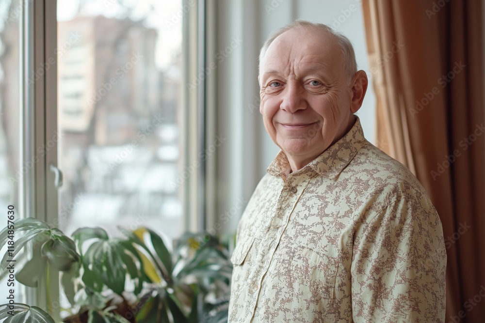 A man is smiling and standing in front of a plant. The plant is green and has a leafy appearance A man is smiling and standing in front of a plant. The plant is green and has a leafy appearance