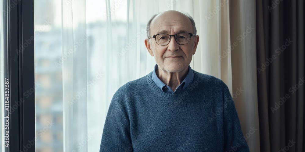 A man in a blue sweater is standing in front of a window. He is wearing glasses and has a serious expression on his face A man in a blue sweater is standing in front of a window. He is wearing glasses and has a serious expression on his face