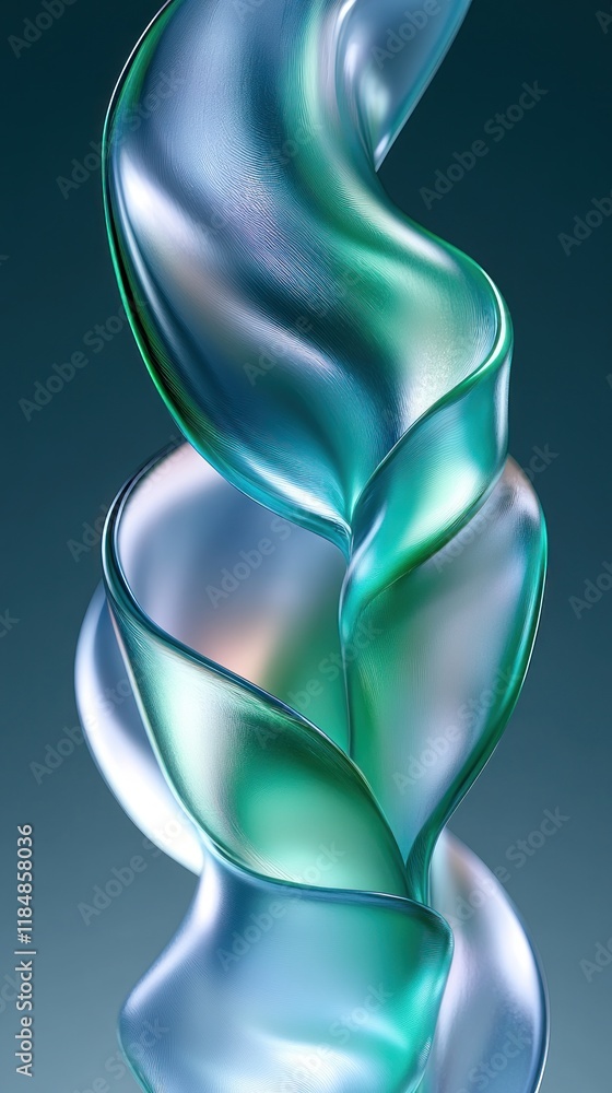 Naklejka premium Abstract swirling, fluid, translucent, iridescent, teal, turquoise, and green forms.