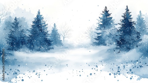 Serene Winter Landscape with Snow-Covered Trees in a Tranquil, Misty Setting photo