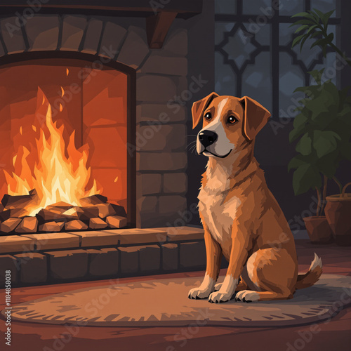 A cozy vector design of a calm dog sitting near a fireplace, rendered in soft pastel tones and clean lines, ideal for warm, homey illustrations.