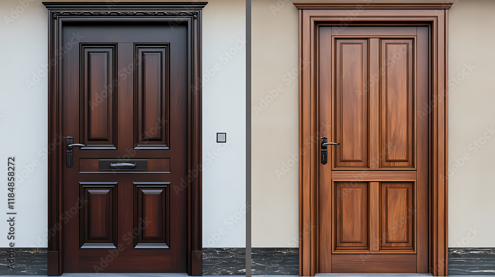 3d realistic rendering of wooden front door designs available in brown and white variations the modern entrance doors feature a closeup mockup of the frame and metal handle. Dewlight. Illustration 3d realistic rendering of wooden front door designs available in brown and white variations the modern entrance doors feature a closeup mockup of the frame and metal handle. Dewlight. Illustration