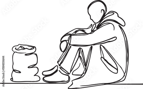 Homeless Person in Line Art Style - Vector Illustration