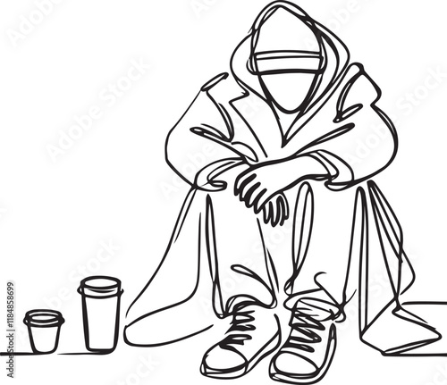 Homeless Person in Line Art Style - Vector Illustration