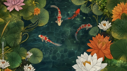 Serene Koi Fish and Water Lilies in a Peaceful Pond - A Captivating Digital Painting
