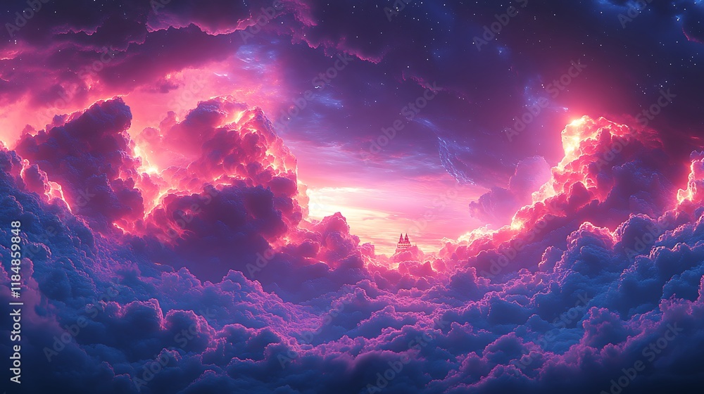 Fototapeta premium A Fantasy Castle Above Pink And Purple Clouds