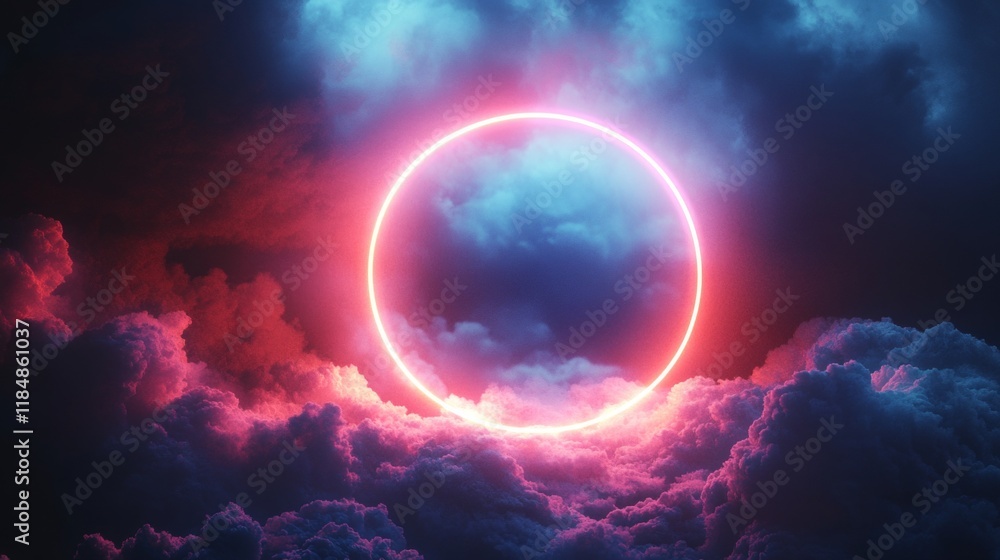 Glowing neon ring surrounded by vibrant clouds in a surreal sky, futuristic atmosphere with dramatic lighting Glowing neon ring surrounded by vibrant clouds in a surreal sky, futuristic atmosphere with dramatic lighting