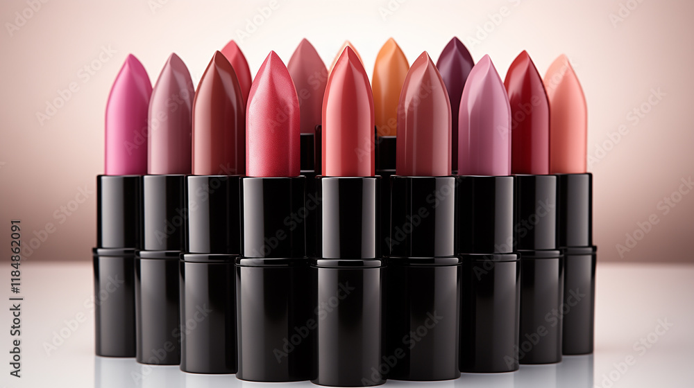 A set of lipsticks in black cases on a light background. A set of lipsticks in black cases on a light background.