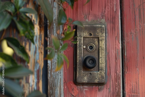 Vintage intercom system mounted on a weathered red wooden door, partially obscured by climbing plants, adding a touch of mystery and nostalgia photo