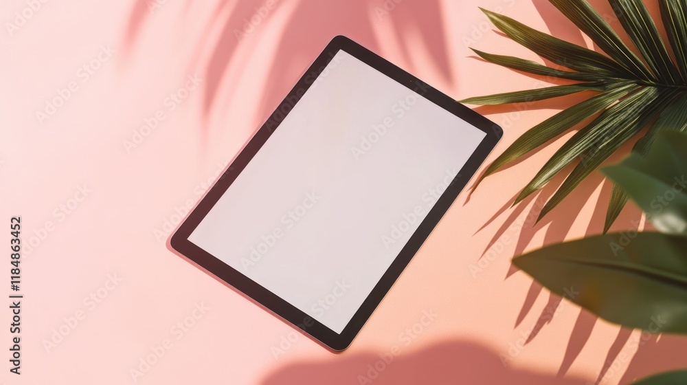 Blank screen tablet on pink background with tropical leaves and shadows. Blank screen tablet on pink background with tropical leaves and shadows.
