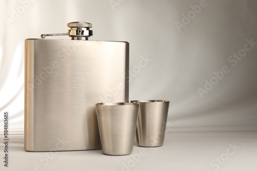 Hip flask and cups on light table, space for text photo