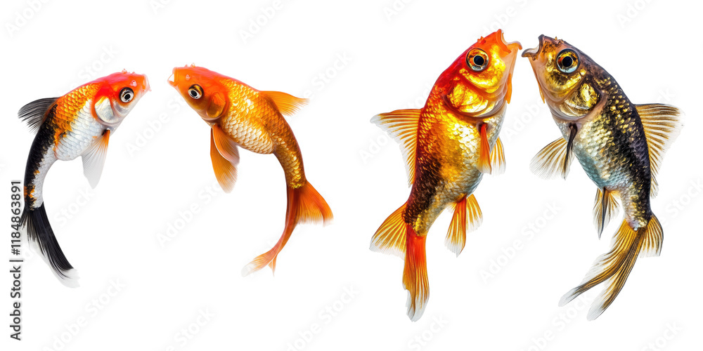 Two goldfish playing isolated on transparent background, Set of Two goldfish playing isolated on transparent background, Set of