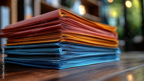 Tidy business reports stacked vibrant office environment image photo