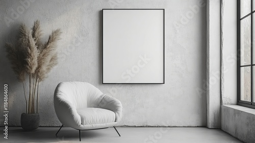 Home, frame and poster mockup for interior design with minimal, concrete and brutalist aesthetic or architecture. Blank space for wall art, luxury and style with armchair in apartment, Generative AI