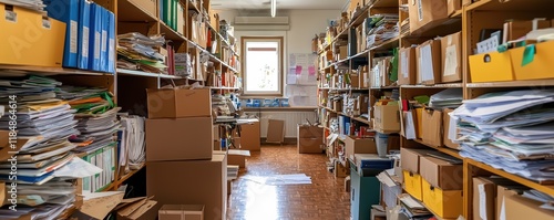 Cluttered office storage room with stacks of papers and cardboard boxes