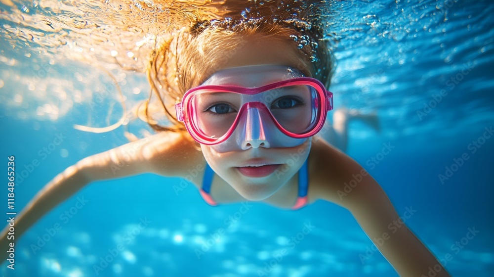 Naklejka premium Underwater portrait of a young girl swimming with pink goggles in crystal clear blue water