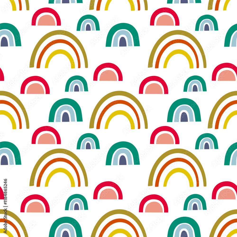 Fototapeta premium Colorful rainbows seamless pattern, vector background. Ideal for fabric, textile, baby bedding, wallpaper, pajamas. Scandinavian style.