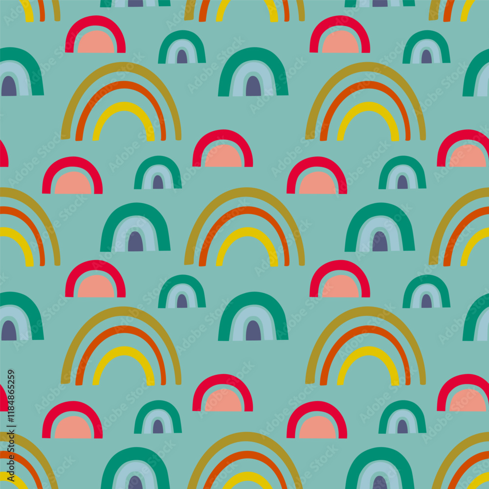Fototapeta premium Colorful rainbows seamless pattern, vector background. Ideal for fabric, textile, baby bedding, wallpaper, pajamas. Scandinavian style.