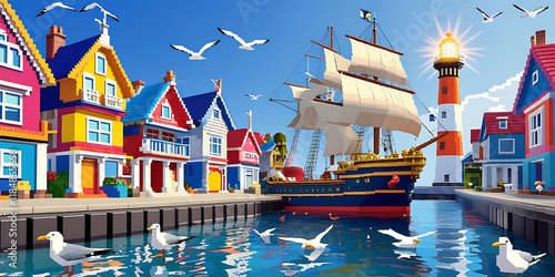 A vibrant and stylized pop art seaside village with pixel art houses and harbor. photo