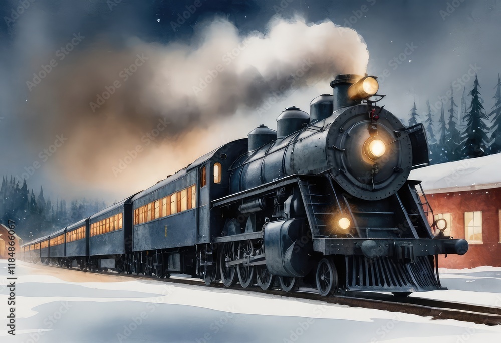 Obraz premium A train is gradually pulling into a station amidst the falling snow