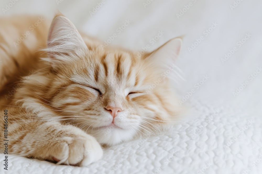 Peaceful ginger cat napping on a soft white blanket. Peaceful ginger cat napping on a soft white blanket.