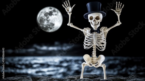 A skeleton in a top hat, arms raised, against a moonlit night background. photo