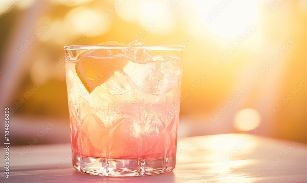 Pink iced beverage, citrus garnish, sunset backdrop. Pink iced beverage, citrus garnish, sunset backdrop.