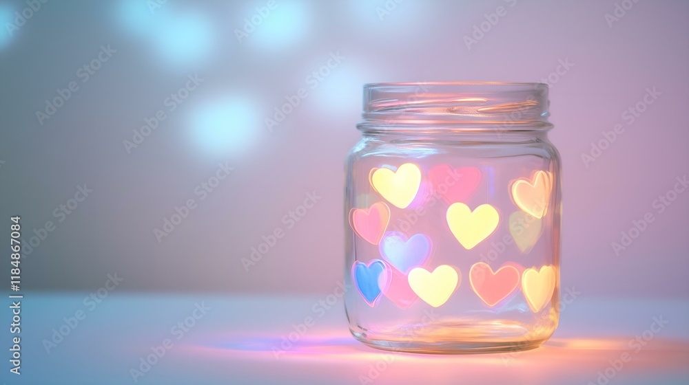 Glass jar with glowing heart shapes in pastel colors creating a romantic atmosphere Glass jar with glowing heart shapes in pastel colors creating a romantic atmosphere