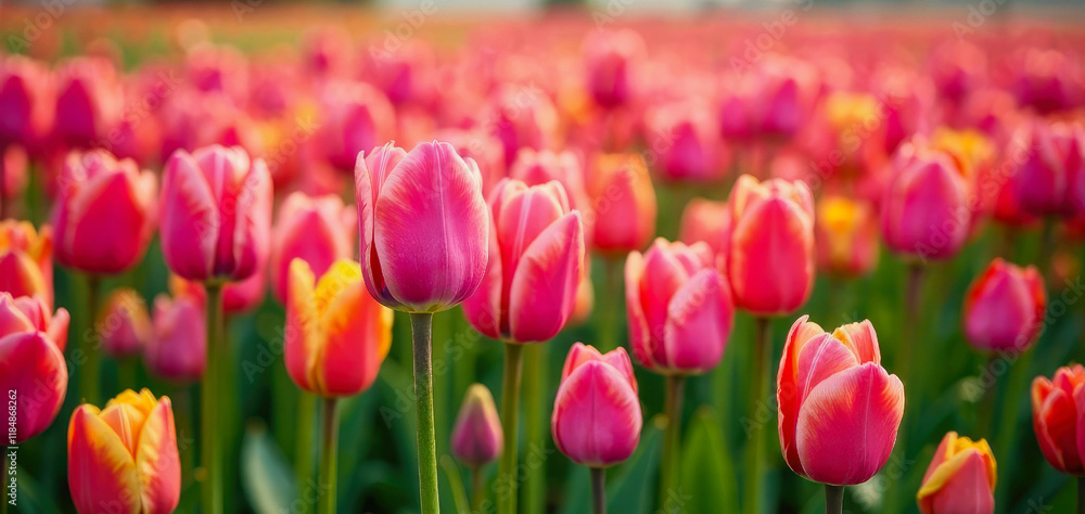 Close up fresh colorful tulips against of tulips field. Gardering of tulips on nature field. Copy space Close up fresh colorful tulips against of tulips field. Gardering of tulips on nature field. Copy space