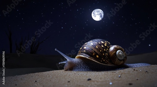 A snail crawls across a sandy desert at night under a full moon and a starlit sky. photo