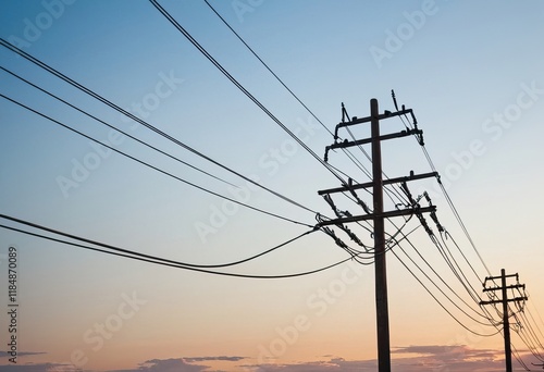 High Voltage Power Lines Gracefully Stretching Across the Horizon at Sunset, Radiating Energy