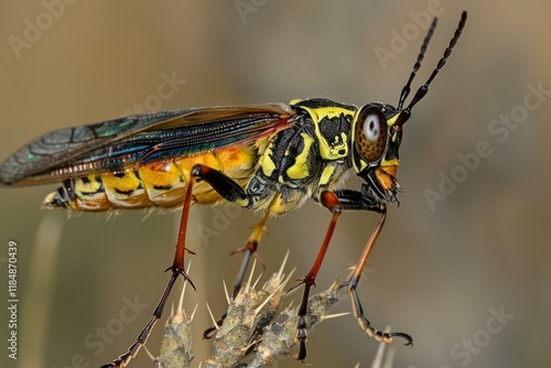 Wallpaper Mural Close up of a colorful wasp with intricate patterns, perched delicately on a thorny branch, showcasing the beauty and detail of the insect world Torontodigital.ca
