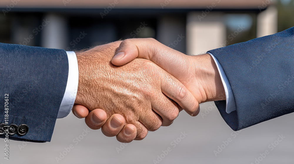 Handshake Between Two Professionals Outdoors, Symbolizing Agreement and Collaboration During a Bright Day in a Business Setting Handshake Between Two Professionals Outdoors, Symbolizing Agreement and Collaboration During a Bright Day in a Business Setting
