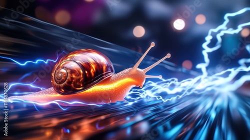 A snail moving at lightning speed, powered by electricity. photo