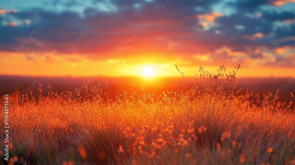 Obraz premium Vibrant sunset over a field of tall grass, showcasing warm colors and dramatic sky. (1)