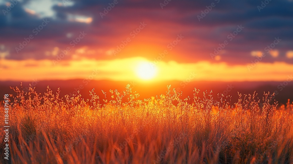 Fototapeta premium Vibrant sunset over a field of tall grass, showcasing warm colors and dramatic sky.