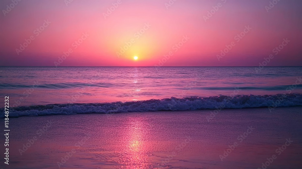 Fototapeta premium Pink sunset over calm ocean waves, sandy beach.