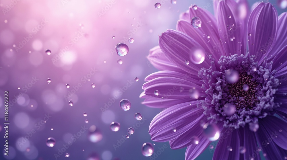Obraz premium Closeup of a Purple Flower with Sparkling Water Droplets in Soft Light.