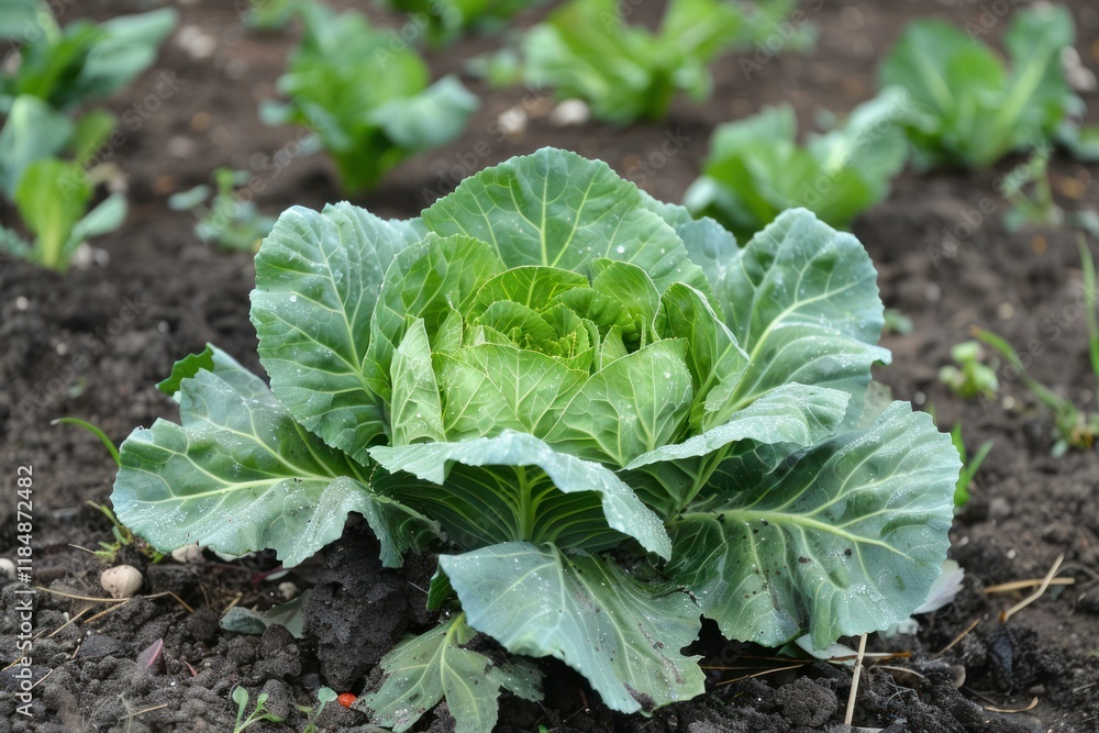 Naklejka premium Close up of a vibrant green cabbage growing in a vegetable garden, surrounded by dark, fertile soil and other young plants
