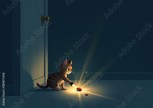 young cat hunts ladybug backlit flashlight dark corner room photo