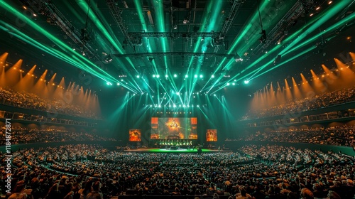 Massive crowd at an indoor arena with vibrant green laser lights illuminating a stage.