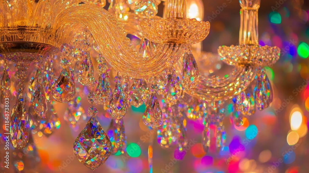 Naklejka premium Ornate chandelier, colorful crystals, sparkling lights.