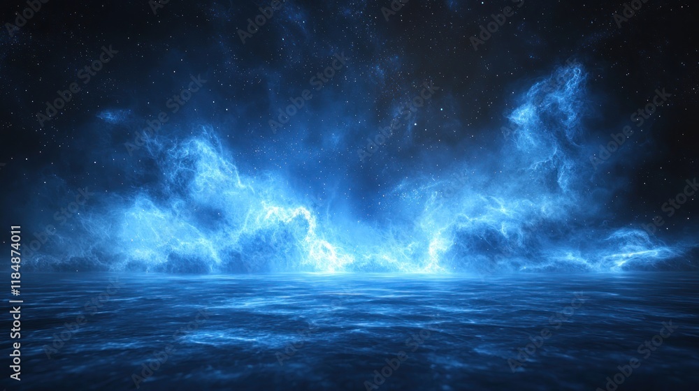 Serene Ocean Scene with Luminous Mist Under a Starry Night Sky for Fantasy and Nature Projects