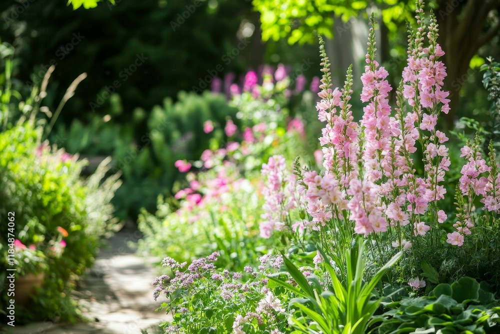 Obraz premium Sunlit garden path, pink flowers, lush greenery.