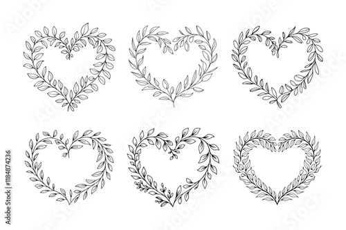 Hand drawn heart shaped floral wreath bundle vector illustration
