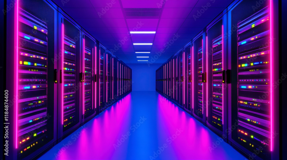 Fototapeta premium Dimly Lit Server Room Featuring Illuminated Data Racks and Modern Technology