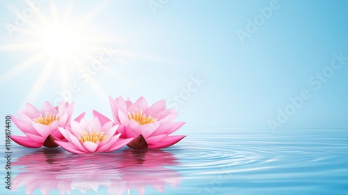 Serene Lotus Flowers in Bright Water Reflection