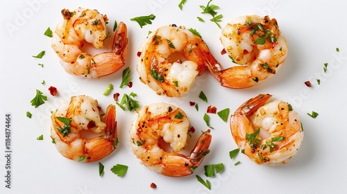 Grilled shrimp garnished with parsley and chili flakes, arranged on a white background, flat lay composition with copy space, healthy seafood and gourmet meal concept

