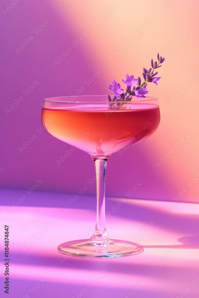 Minimalist lavender cocktail in a fancy glass with vibrant pink and purple tones Minimalist lavender cocktail in a fancy glass with vibrant pink and purple tones